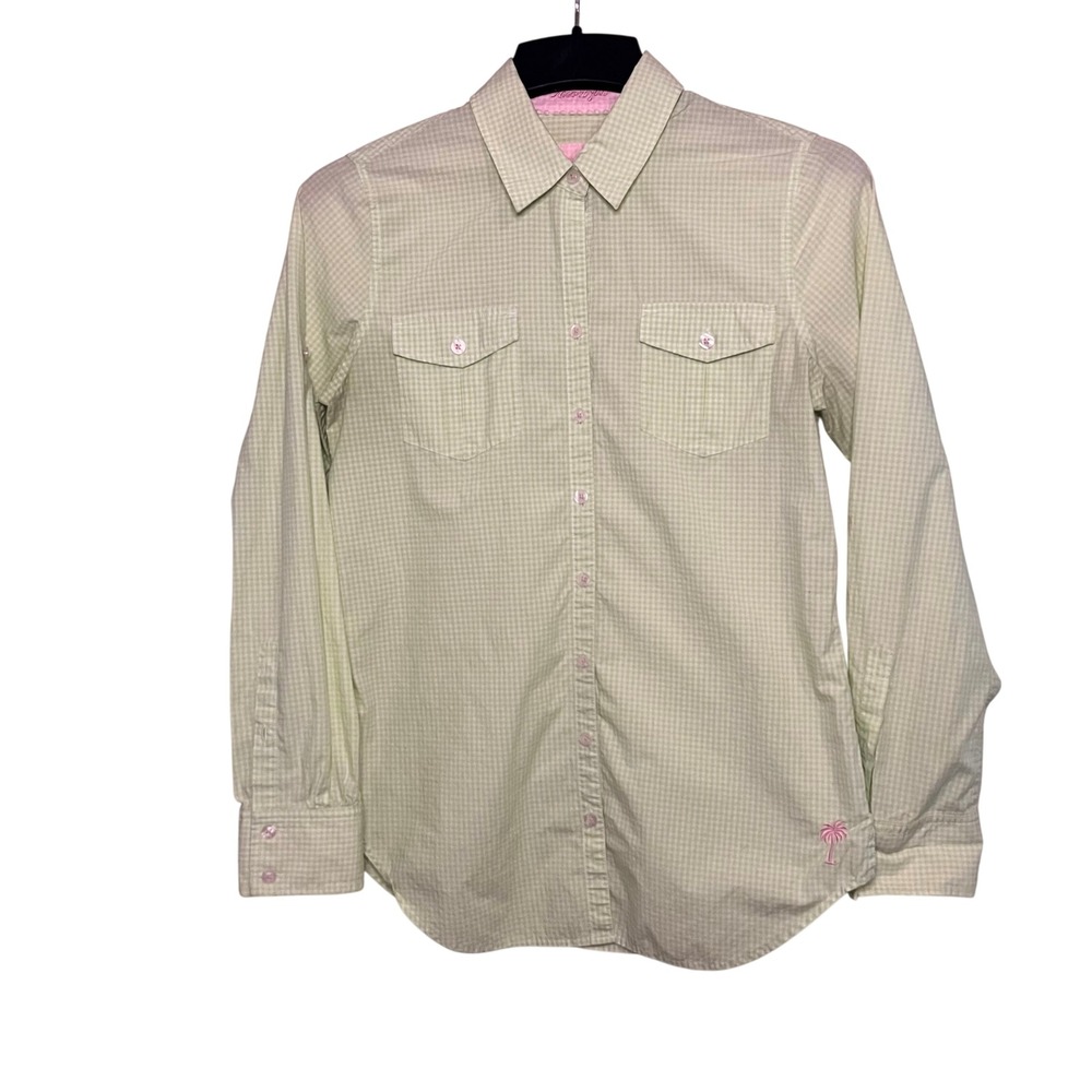 Lilly Pulitzer Gingham Button Down Shirt Resort Fit Palm Tree Logo Pink Green XS